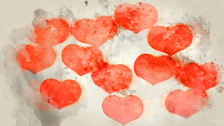 Red hearts. Valentine's day abstract. Close-up. Watercolor backgroundの写真素材