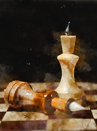 Chess figure two king. Close-up on a chess board. Watercolor backgroundの写真素材