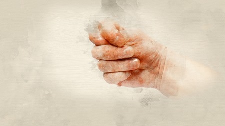 Hand gestures showing fig close up. Watercolor backgroundの写真素材