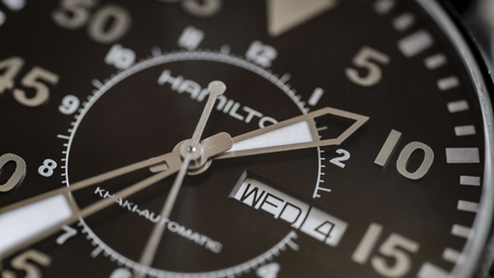 DZERZHINSK, RUSSIA - JULY 5, 2018: Mechanical watch dial. Clock background. Close up