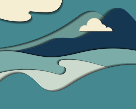 Ocean and mountains with clouds. Vibrant multicolored paper cut background. Abstract modern 3d origami paper art styleのイラスト素材