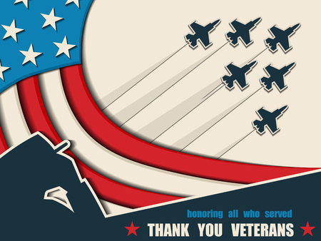 Happy Veterans Day. Greeting card with USA flag, soldier and aircraft on background. American traditional patriotic celebration. Honoring all who served. November 11のイラスト素材