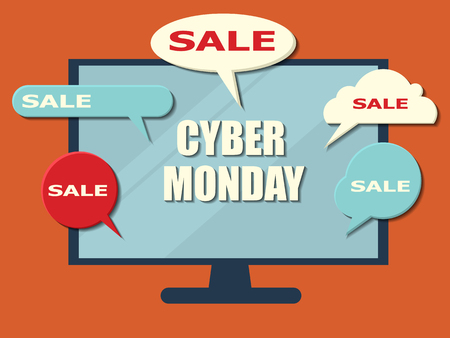 Cyber Monday sale background. Concept banner. Monitor with messagesのイラスト素材
