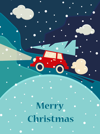 Red car with a Christmas tree. Merry Christmas backgroundのイラスト素材