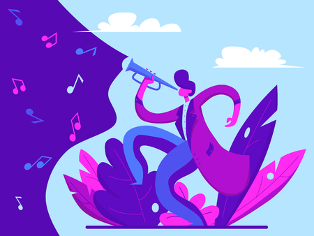 Young man playing trumpet jazz. Music concept. Vector illustration in flat styleのイラスト素材