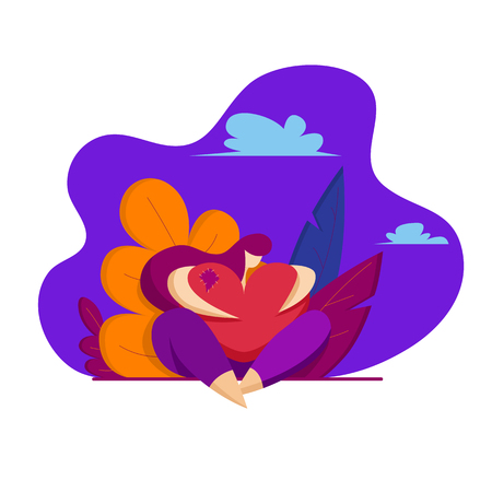 Young girl hugs a broken heart. Beautiful girl sad from unrequited love. Vector illustration in flat styleのイラスト素材