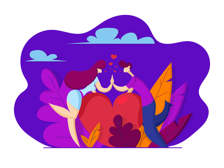 Love couple holding hands. Big heart for two. Happy Valentines card. Vector illustration in flat styleのイラスト素材