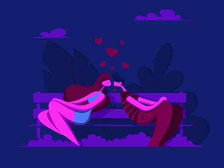 In love couple kisses on a bench in the park. Love story. Happy Valentines card. Vector illustration in flat styleのイラスト素材