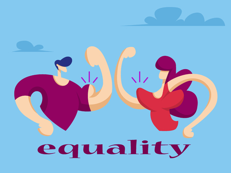 Woman and man show their muscles. Equal women's rights. Vector illustration in flat styleのイラスト素材