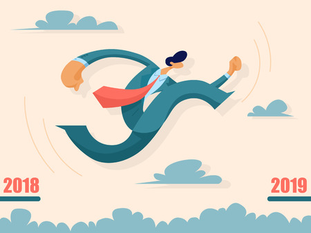 Businessman jumping from past to future. Business concept. Vector illustration in flat styleのイラスト素材