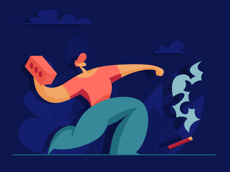 Riots, street protest. Man throws a brick. Vector illustration in flat styleのイラスト素材