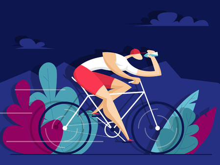 Man rides a bike and drinks water. Sport concept. Vector illustration in flat styleのイラスト素材