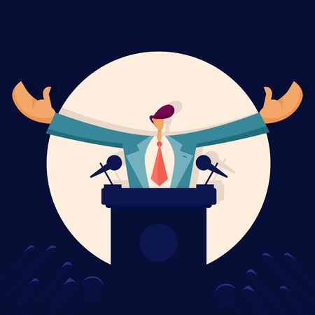 Man politician speaking to audience from tribune, public speake. Political debates. Vector illustration in flat styleのイラスト素材