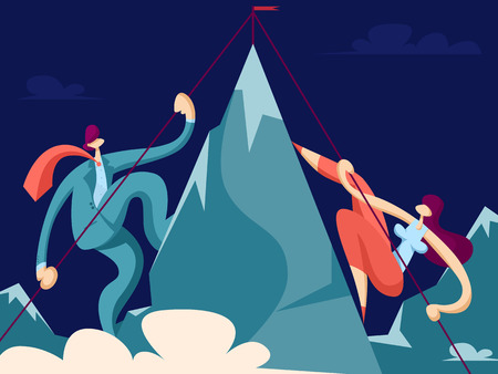 Businessman and businesswoman climb to the top of the mountain. Business competitive concept. Equal women's rights. Vector illustration in flat styleのイラスト素材