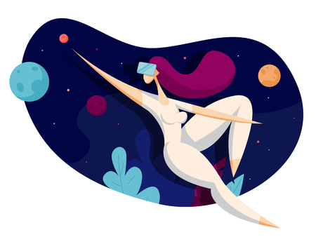 Girl in virtual reality glasses dreams about space. Concept of modern technologies futures. Vector illustration in flat styleのイラスト素材