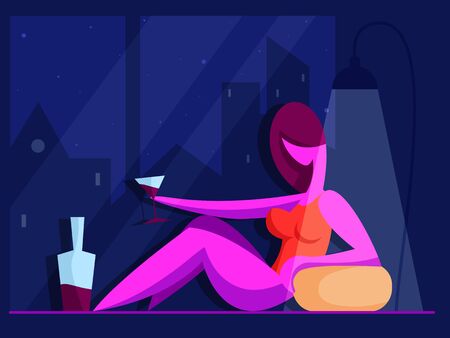 Girl with a glass of wine looks into the night window. Love concept. Vector illustration in flat styleのイラスト素材