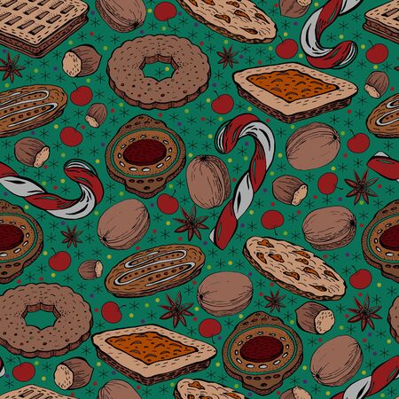 Seamless pattern christmas sweets, cookies, nuts, dessert on color background,のイラスト素材