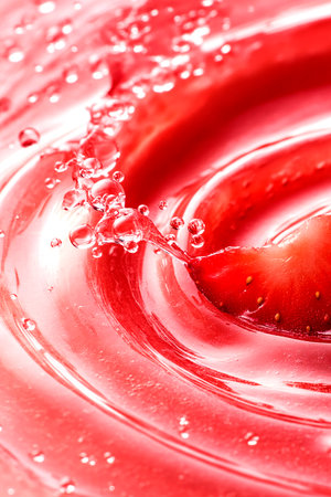 strawberry juice splash macro close up background high quality big size print.Juice splash wave , Splash of fruit juice and fresh strawberries and orangeの素材