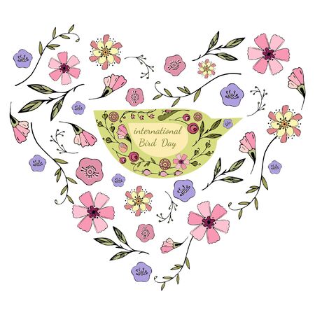 international bird day, heart with bird and flowers doodling, elements setのイラスト素材
