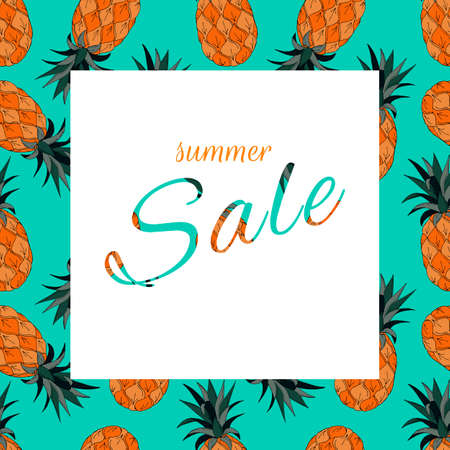 Summer sale banner for design. Pineapple, ananas, orange blue colors. Template. Vector illustrationのイラスト素材