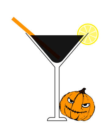 Black lemonade, Martini halloween holiday with lemon and pumpkin. Pumpkin handmade author drawing, element for your design, isolated, white background. Vector illustrationのイラスト素材
