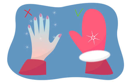 Frostbite, the hand is cold from the cold and the hand is warm in a mitten, danger, low temperature, frost. Vector illustrationのイラスト素材