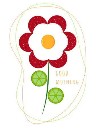 Fried eggs, omelet with sausage and fresh cucumber and onions, morning breakfast. Vector illustrationのイラスト素材