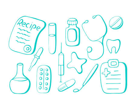 Vector set of medical objects in doodling style. For your design.のイラスト素材