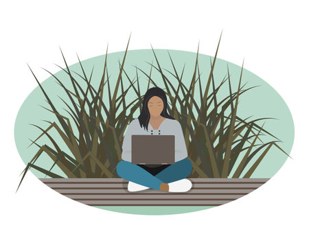Education girl with laptop works in the bosom of nature, distance learning, online, webinar, training, virtual, web seminar. Vector illustrationのイラスト素材