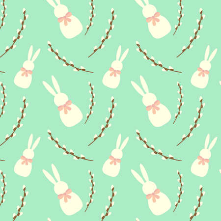 Easter pattern in pastel colors with a rabbit and a willow twig, seamless background, turquoise, beige. Vector illustrationのイラスト素材