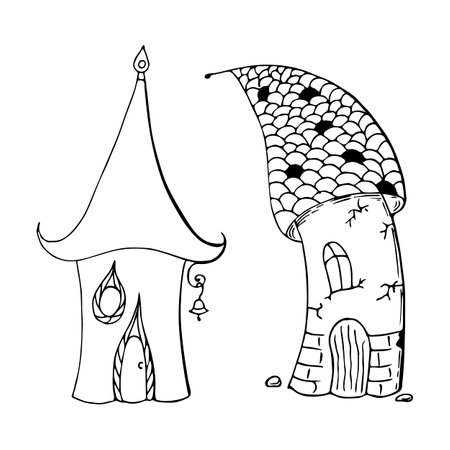 House fabulous childrens gnome cheerful and sad, contour black hand drawing on a white background, doodling. Vector illustrationのイラスト素材