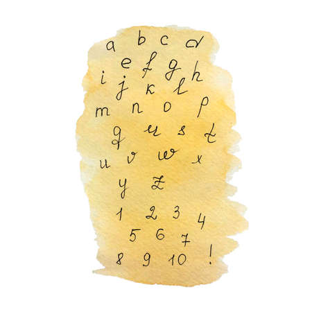 Watercolor background backdrop yellow with letters, alphabet, hand drawing. For banner, background, backdrop. For your design.の写真素材