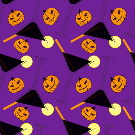 Pattern Halloween black martini lemonade with lemon, pumpkin hand drawing. For banner, background, textile, backdrop. Vector illustrationのイラスト素材