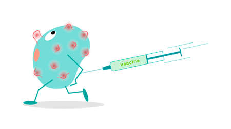 Vaccination of a harmful virus with a syringe, treatment and prevention of diseases, a syringe injection. Vector illustration.のイラスト素材