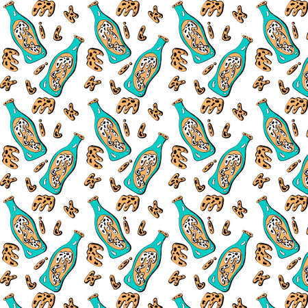Seamless abstract pattern with milk bottles and letters MILK, hand drawing, blue and beige color, white background. Vector illustrationのイラスト素材