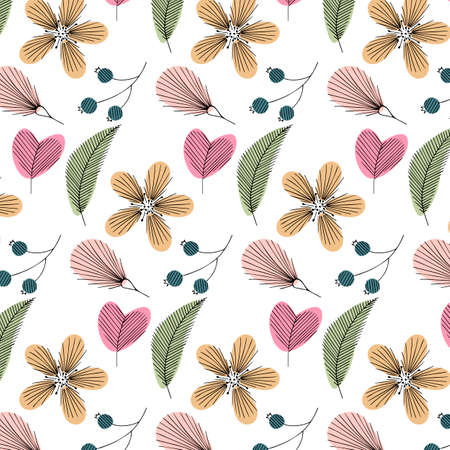 Pattern of botanical doodling style, hand drawing, with color spots. Vector illustrationのイラスト素材