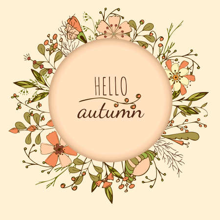 Vector autumn wreath with leaves,berry,seasonal floral and text. Round frame . Vector illustrationのイラスト素材