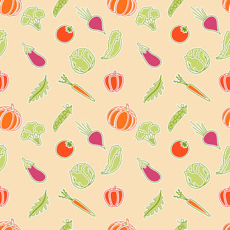 Seamless pattern with vegetables, healthy food. Vegetables tomato cucumber peppers arugula pumpkin peppers cabbage broccoli peas lettuce carrots beets. Vector illustrationのイラスト素材