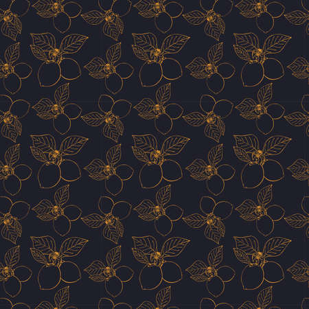 Lemons pattern on a dark background, contour yellow fruits, hand drawing doodling, seamless texture. For background, banner, textile, backdrop. Vector illustrationのイラスト素材