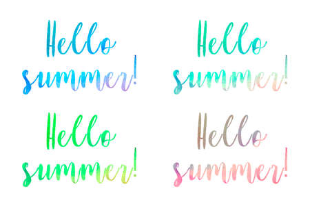 Hello summer lettering watercolor, hand drawing. Watercolor letters background, isolated, white background. Vector illustrationのイラスト素材