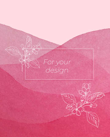 Greeting card with watercolor pink background and doodling flowers, branch sakura, hand drawing, for invitation or congratulation. Vector illustrationのイラスト素材