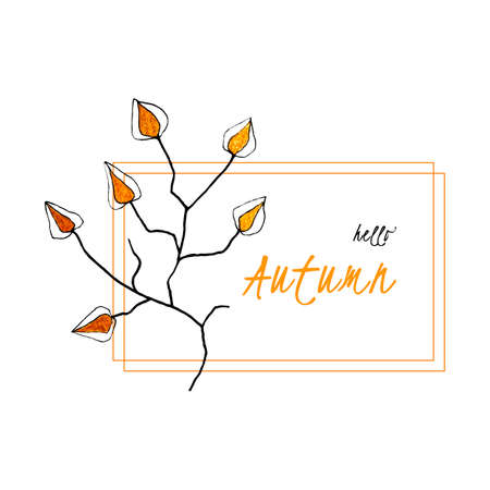 Banner hello autumn lettering with doodling physalis branch, hand drawing, tracing, isolated, on a white background, for your design. Vector illustrationのイラスト素材