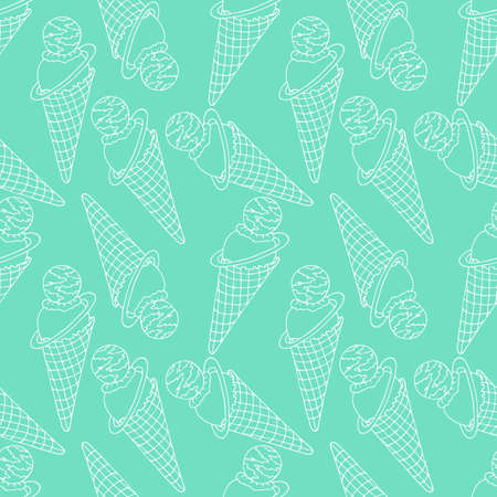 Ice cream pattern seamless, white doodle ice cream, colored turquoise background. Vector illustrationのイラスト素材