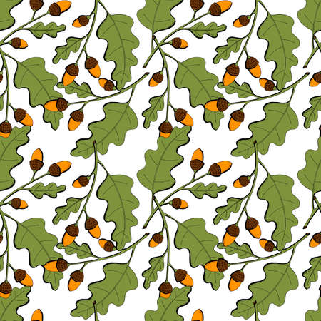 Autumn pattern of oak acorns, branch with leaves and acorn nuts, hand drawing doodling, orange and gray color, on a white background. Vector illustrationのイラスト素材