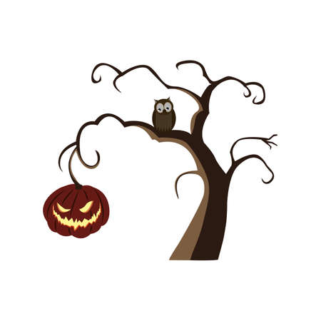 Halloween horrible pumpkin hanging on a gnarled tree branch, owl, eagle owl. Isolated, white background. For design. Vector illustrationのイラスト素材