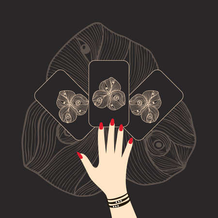 Hand with tarot cards, a layout of cards on the table, hand drawing an esoteric flower on the back of cards, mysticism, magic, esotericism. Vector illustrationのイラスト素材