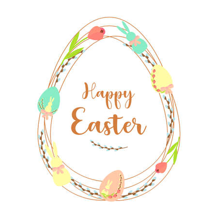 Happy Easter lettering, spring card, eggs rabbit pussy willow twigs nest flower tulip. Congratulation. Isolated. White background. Vector illustrationのイラスト素材