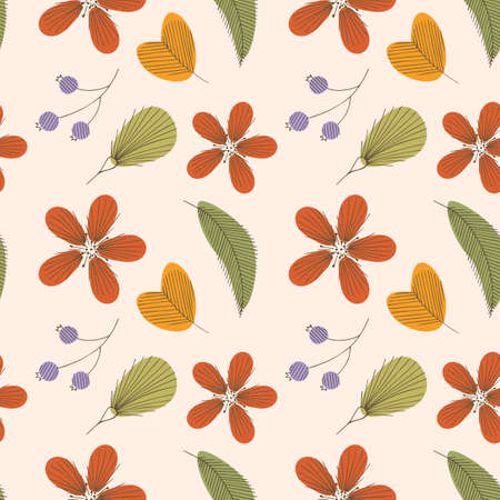 Botanical pattern, flowers and twigs in the style of doodling hand drawing. Vector illustrationのイラスト素材