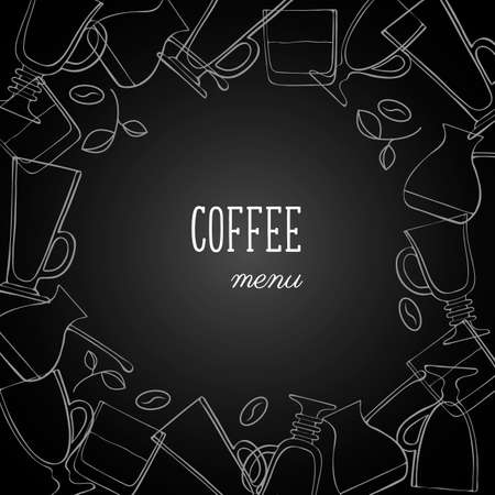 Coffee menu board, banner, cups mugs cappuccino glasses whiskey coffee maker coffee grinder beans, white chalk outline doodle drawings. Vector illustrationのイラスト素材