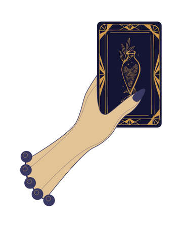 Tarot card hand of female fortune teller. Vector illustration of tarot in vintage style with mystical symbols, concept of witchcraft. Isolated, white background. Vector illustrationのイラスト素材